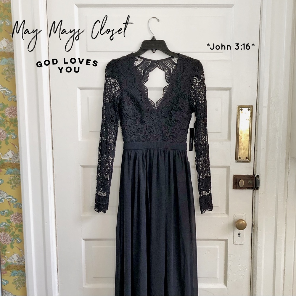 Lulu’s Awaken My Love Black Lace Sheer Formal Maxi Dress Prom Wedding XS